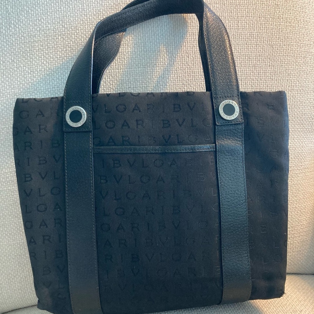 Black Bvlgari Logomania Women's Nylon Canvas, Leather Tote Bag Black